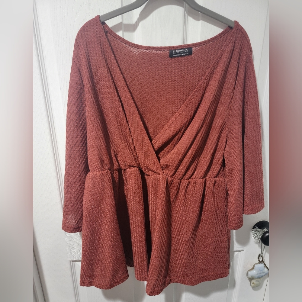 Solid Waffle Knit Flounce Sleeve Ruffles Wrap Tee